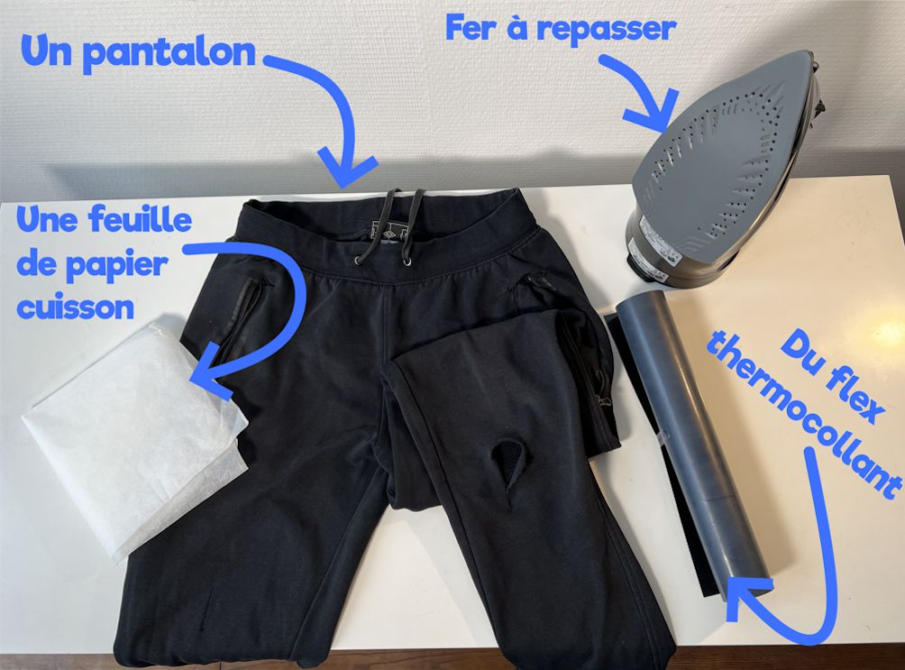 Accessori per riparare un buco nei pantaloni con il flex termoadesivo